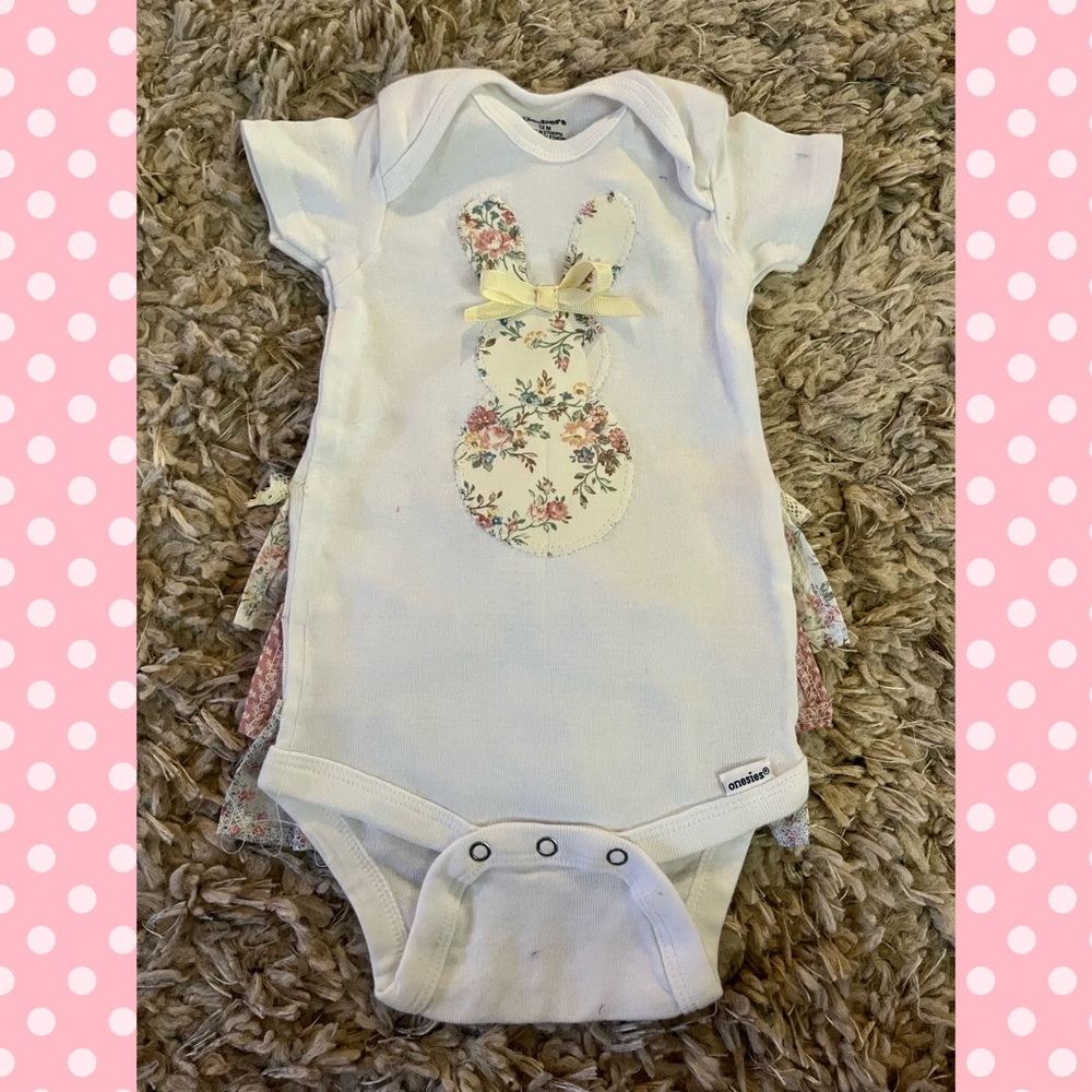 Hopping down the bunny trail appliquéd ruffle butt Easter onesie! - Picture 1 of 4